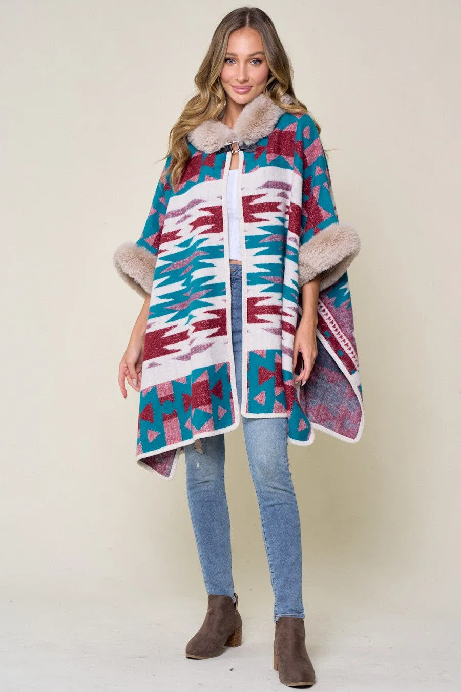 Blue Taupe Wine Plaid Faux Fur Hooded  Poncho