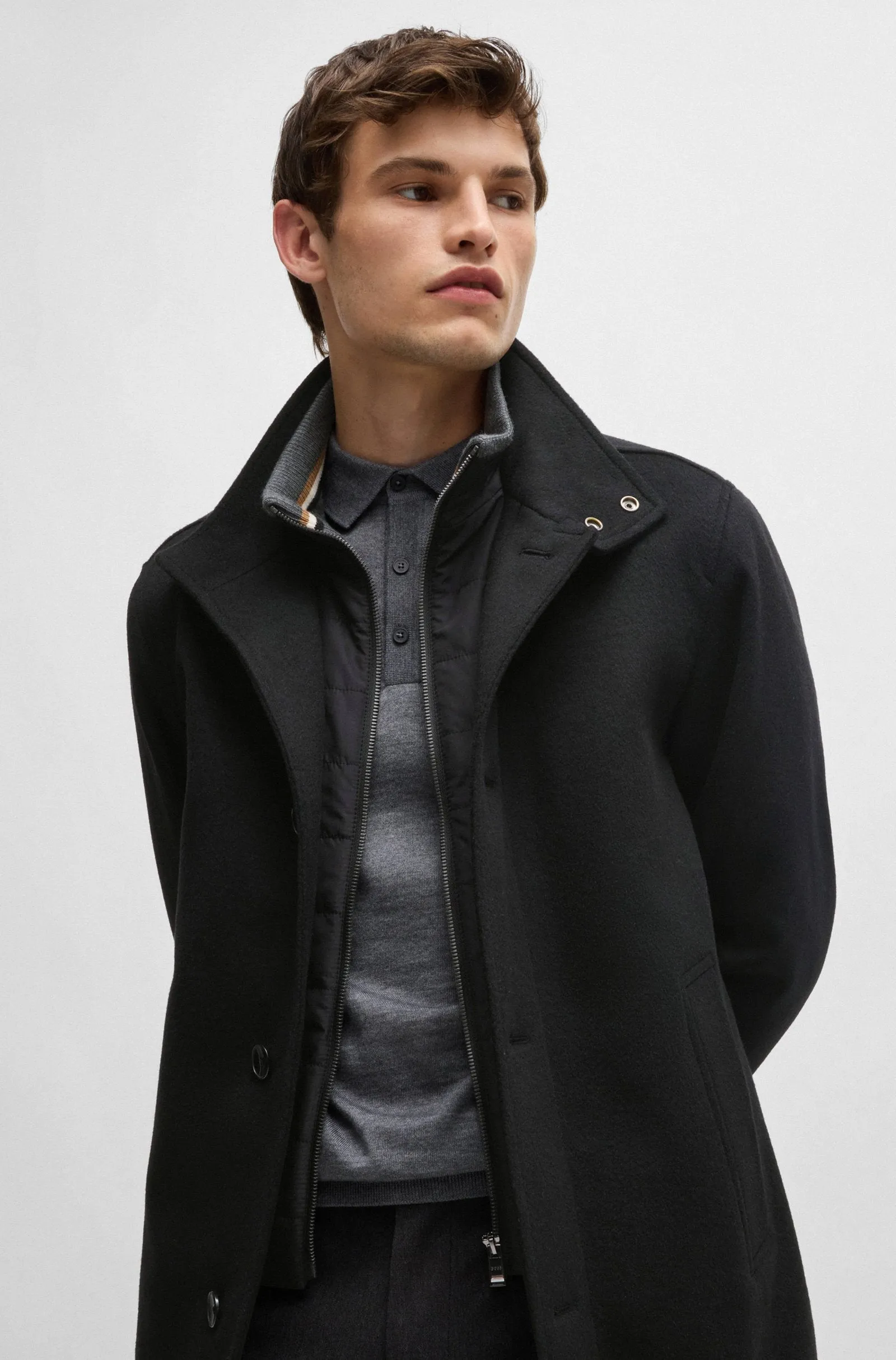 Boss Relaxed-Fit Short Coat in Virgin Wool and Cashmere - Black