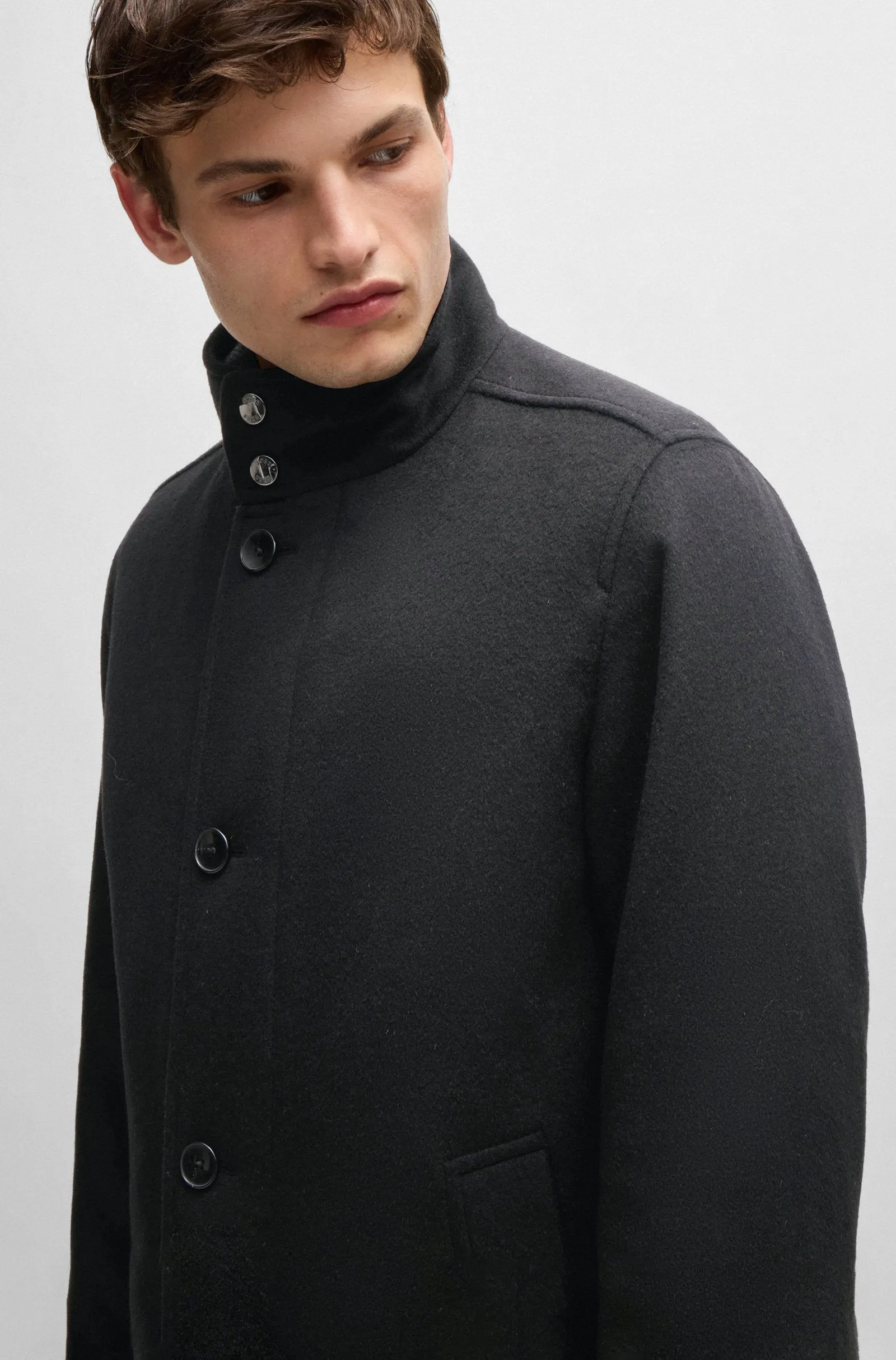 Boss Relaxed-Fit Short Coat in Virgin Wool and Cashmere - Black