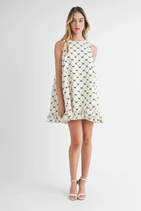 Bow Flocking Textured Ruffle Hem Mini Dress