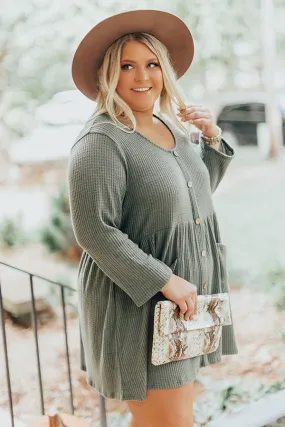 Bring On The Lattes Babydoll Tunic Dress In Olive Curves