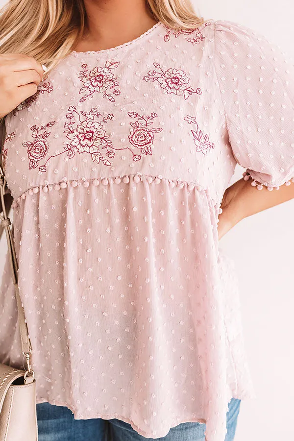 Brunch And Bliss Embroidered Babydoll Top in Blush Curves