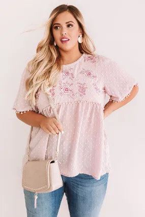 Brunch And Bliss Embroidered Babydoll Top in Blush Curves