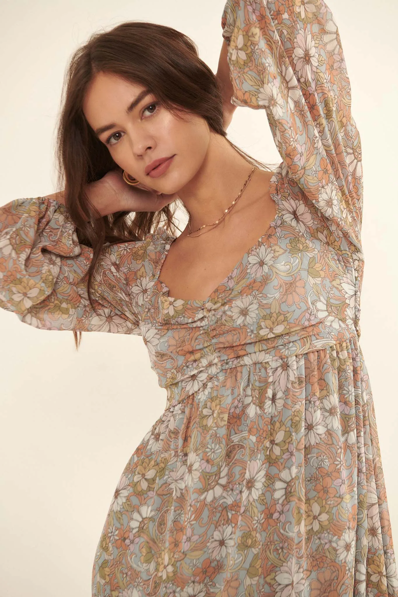 Bygone Blooms Floral Chiffon Babydoll Mini Dress