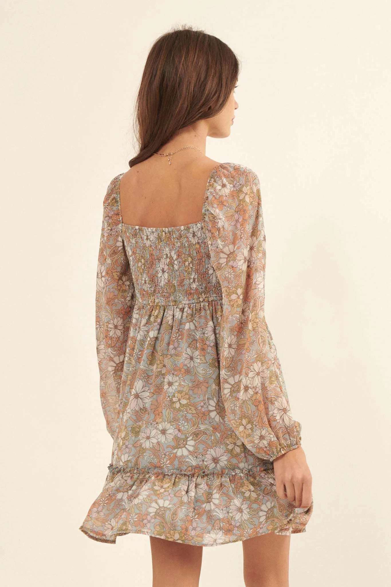 Bygone Blooms Floral Chiffon Babydoll Mini Dress