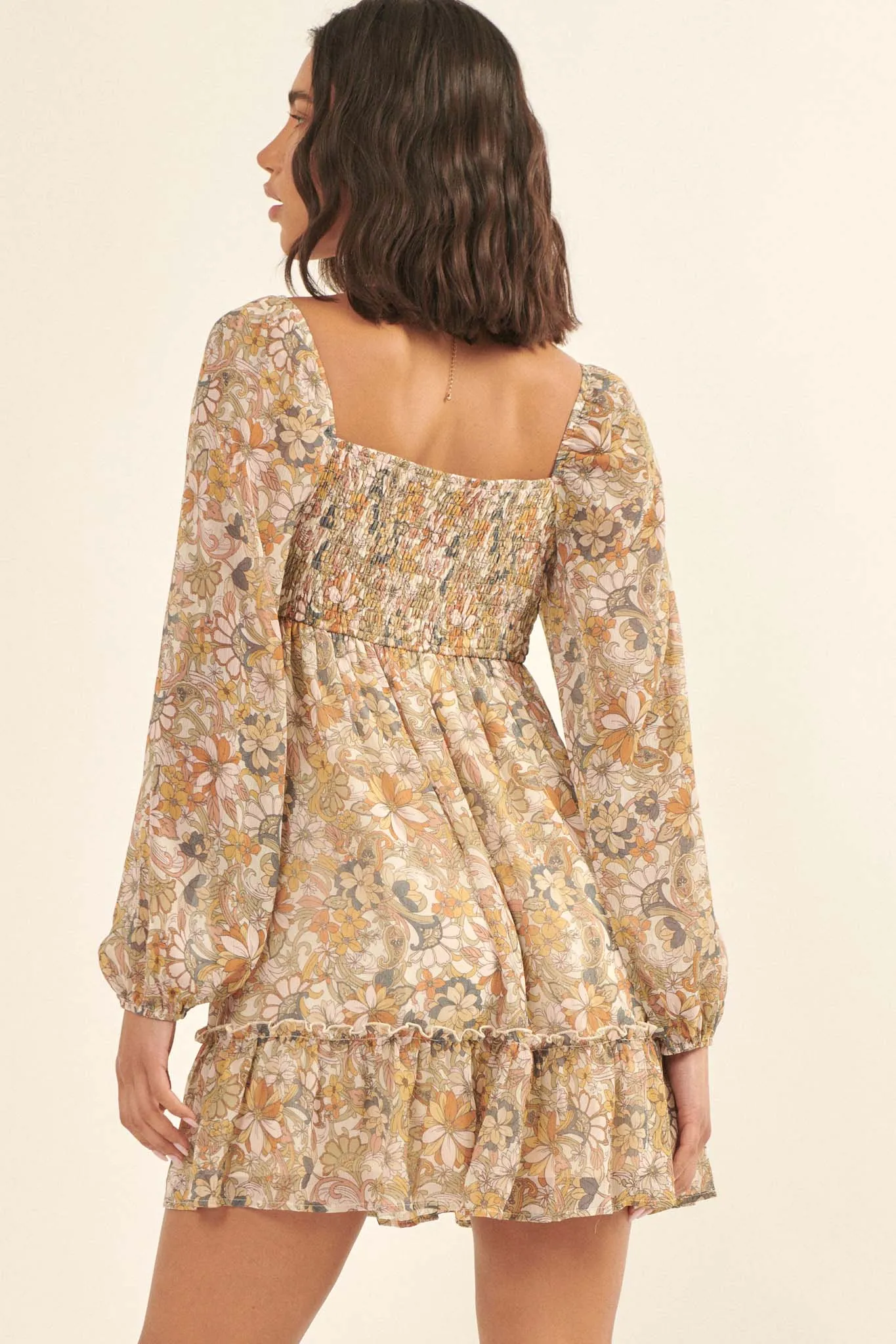 Bygone Blooms Floral Chiffon Babydoll Mini Dress