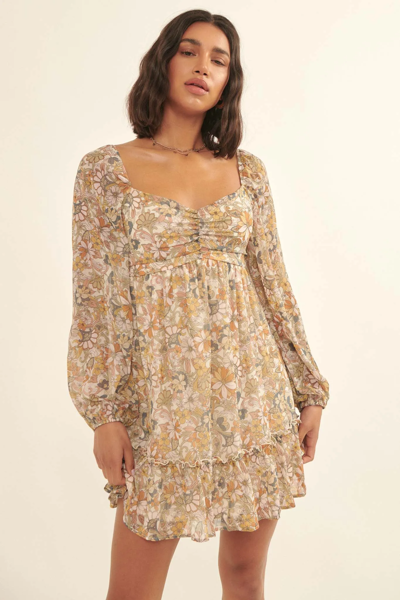 Bygone Blooms Floral Chiffon Babydoll Mini Dress