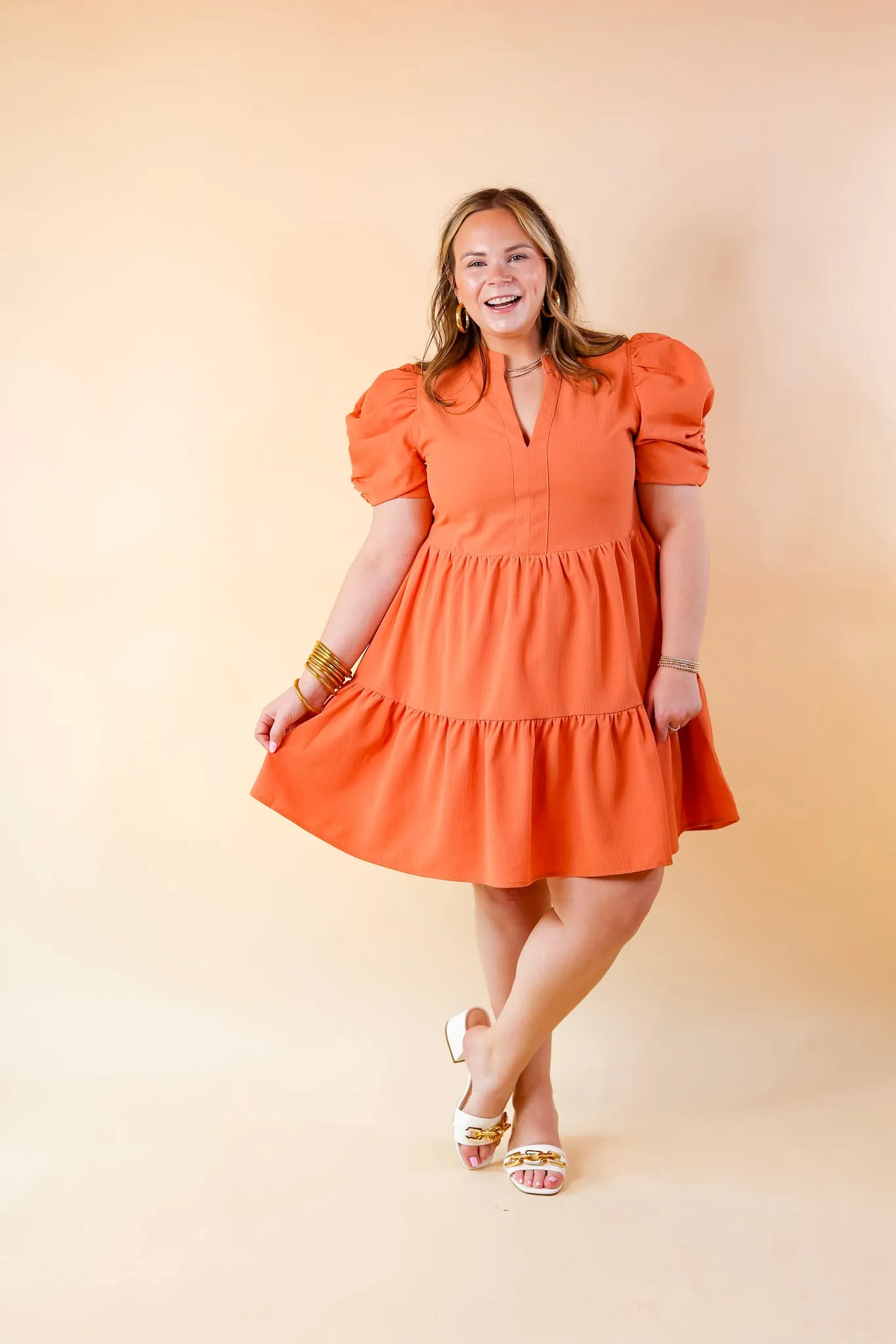 Call Me Chic Balloon Sleeve Short Dress in Salmon Orange