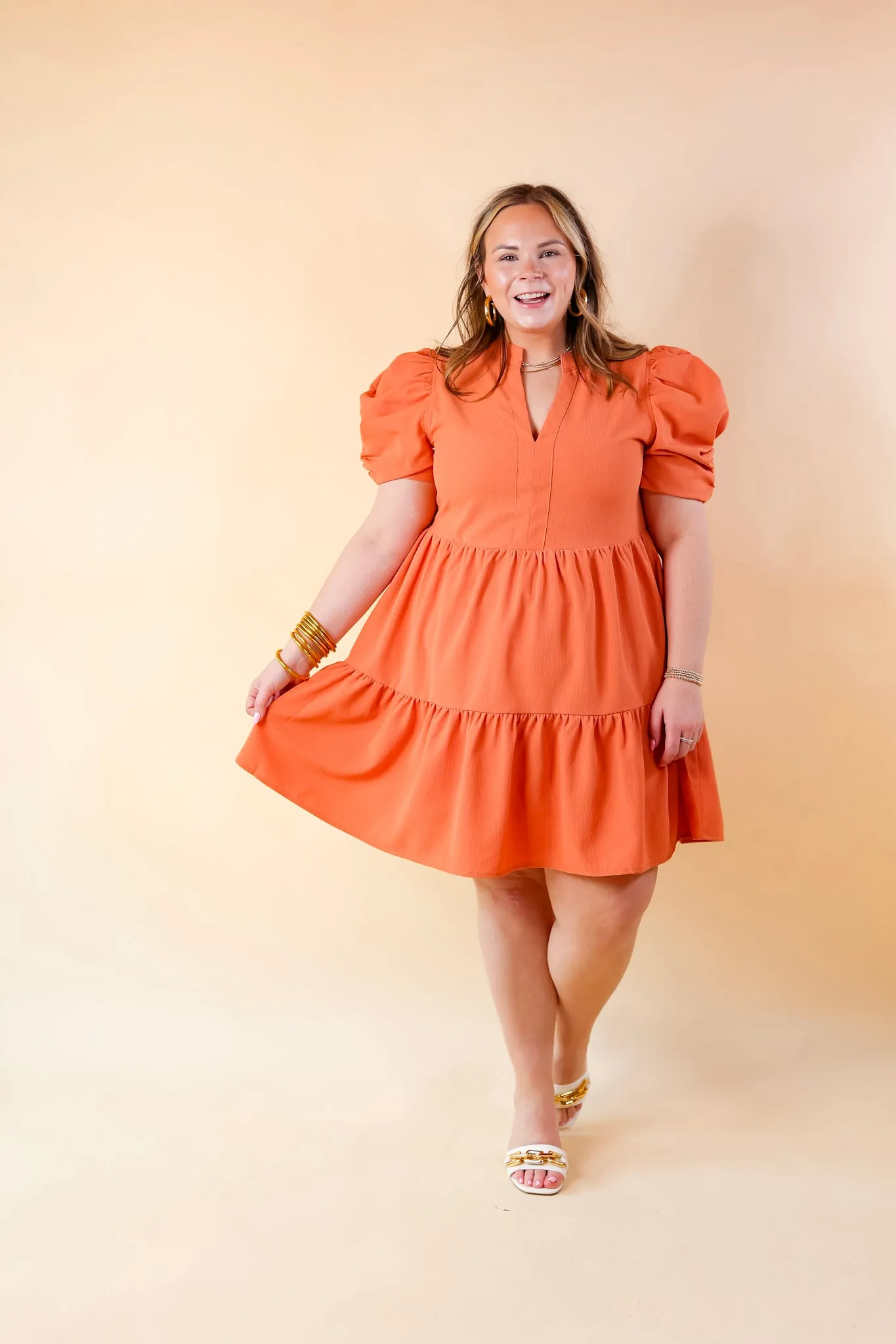 Call Me Chic Balloon Sleeve Short Dress in Salmon Orange