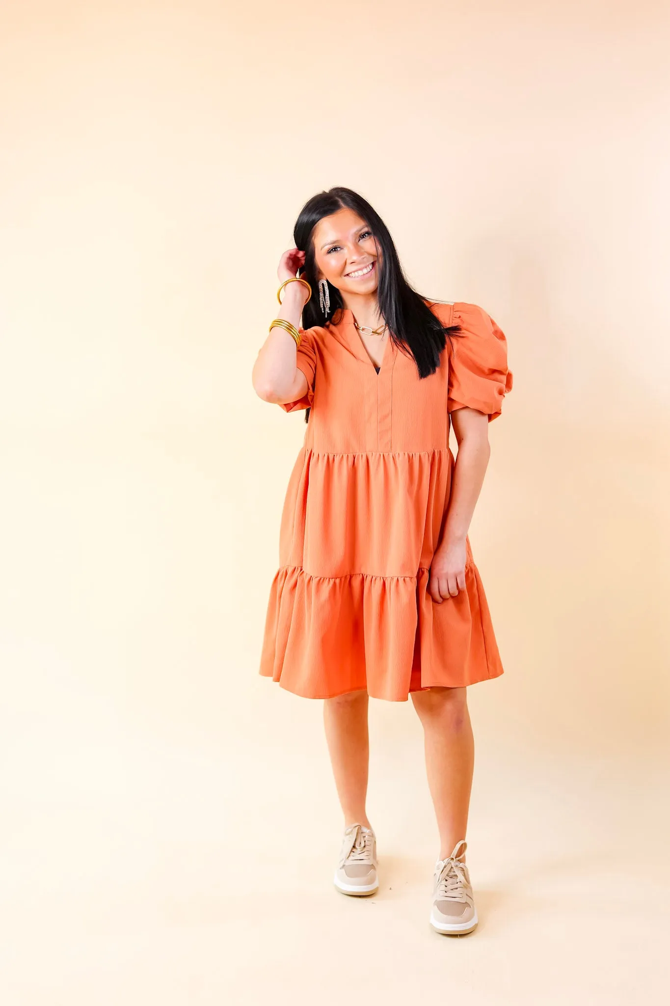 Call Me Chic Balloon Sleeve Short Dress in Salmon Orange