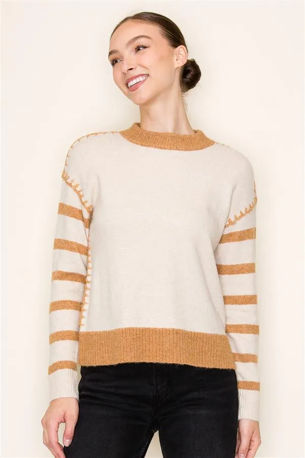 Camel & Cream Stitched Striped Sleeve Sweater