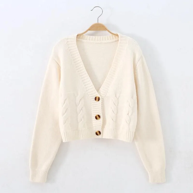 Casual V Neck Women Sweater Twisted Fashion Button Up Cardigan Sweater Fall Korean All Match Knitted Female Thin Coats