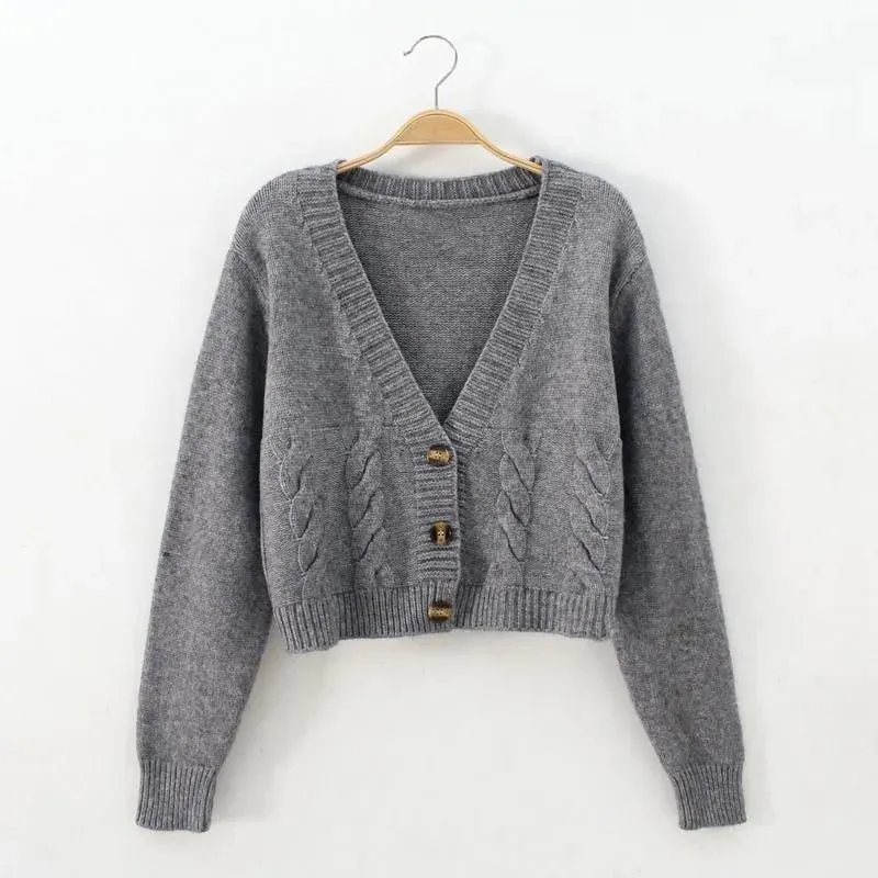 Casual V Neck Women Sweater Twisted Fashion Button Up Cardigan Sweater Fall Korean All Match Knitted Female Thin Coats