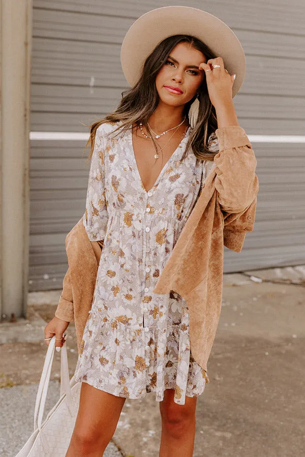 Casually Yours Floral Babydoll Dress In Warm Taupe