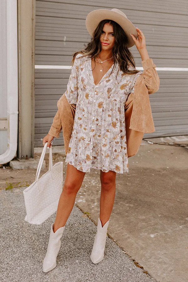 Casually Yours Floral Babydoll Dress In Warm Taupe