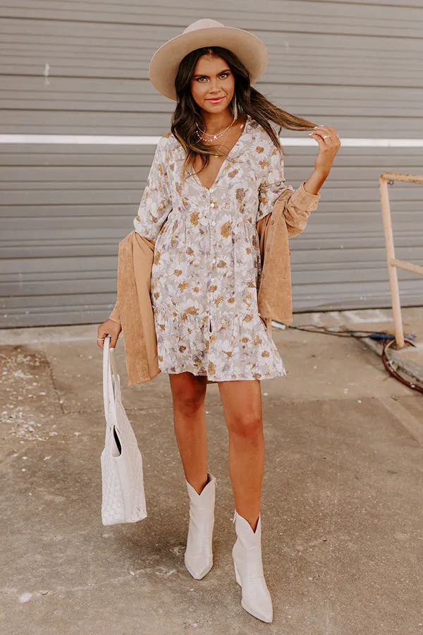 Casually Yours Floral Babydoll Dress In Warm Taupe