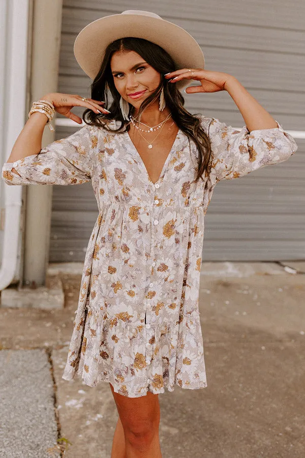 Casually Yours Floral Babydoll Dress In Warm Taupe