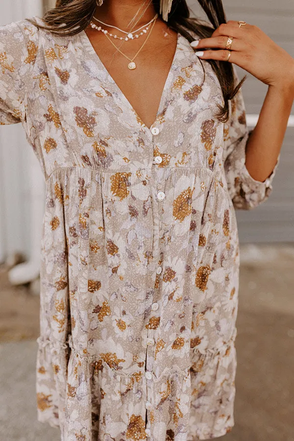 Casually Yours Floral Babydoll Dress In Warm Taupe