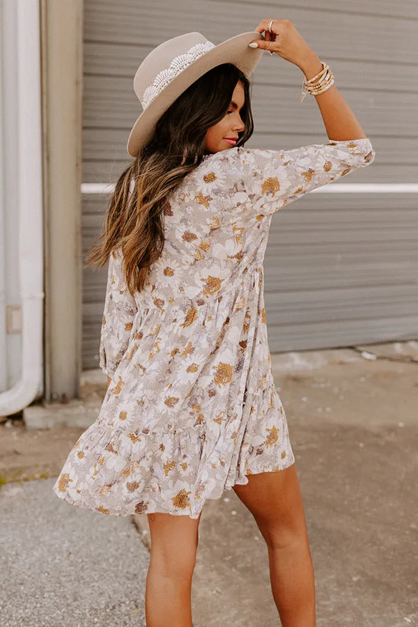 Casually Yours Floral Babydoll Dress In Warm Taupe