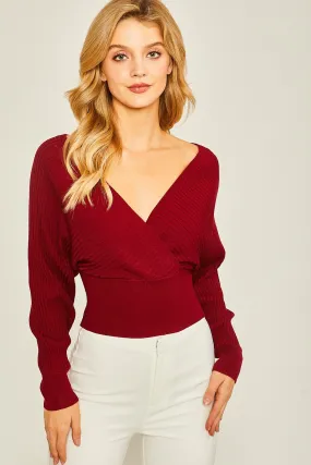 Cherry Stone Surplice Neckline Ribbed Sweater