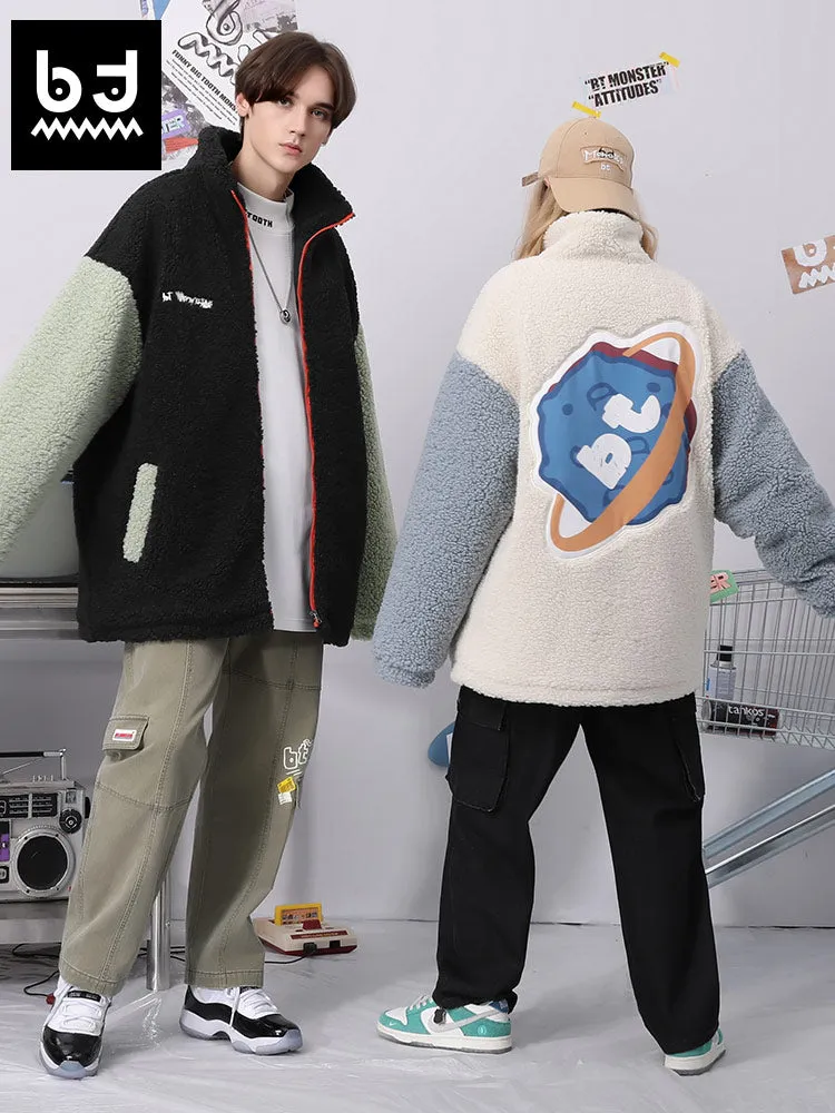 Color contrast patchwork cartoon graffiti embroidered stand-up collar with sleeved lamb wool padded jacket