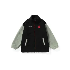 Color contrast patchwork cartoon graffiti embroidered stand-up collar with sleeved lamb wool padded jacket