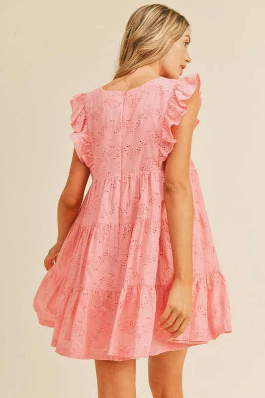 Coral Pink Eyelet Babydoll Mini Dress