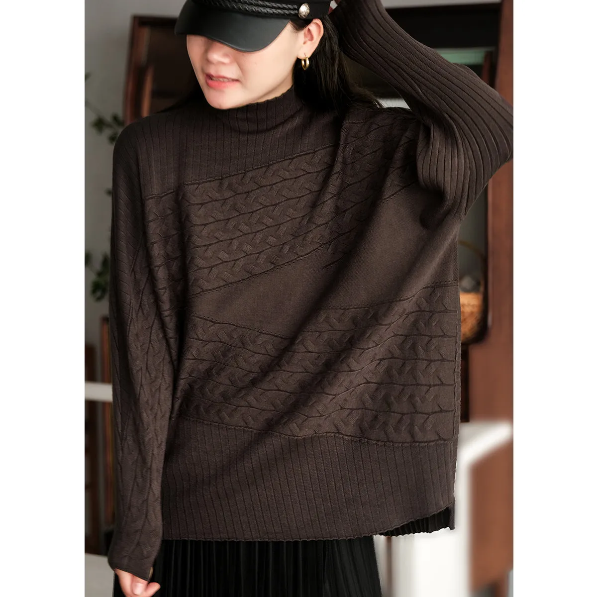 Cotton Pullover for Women, Crew Neck Sweater, Camel Cropped Sweater