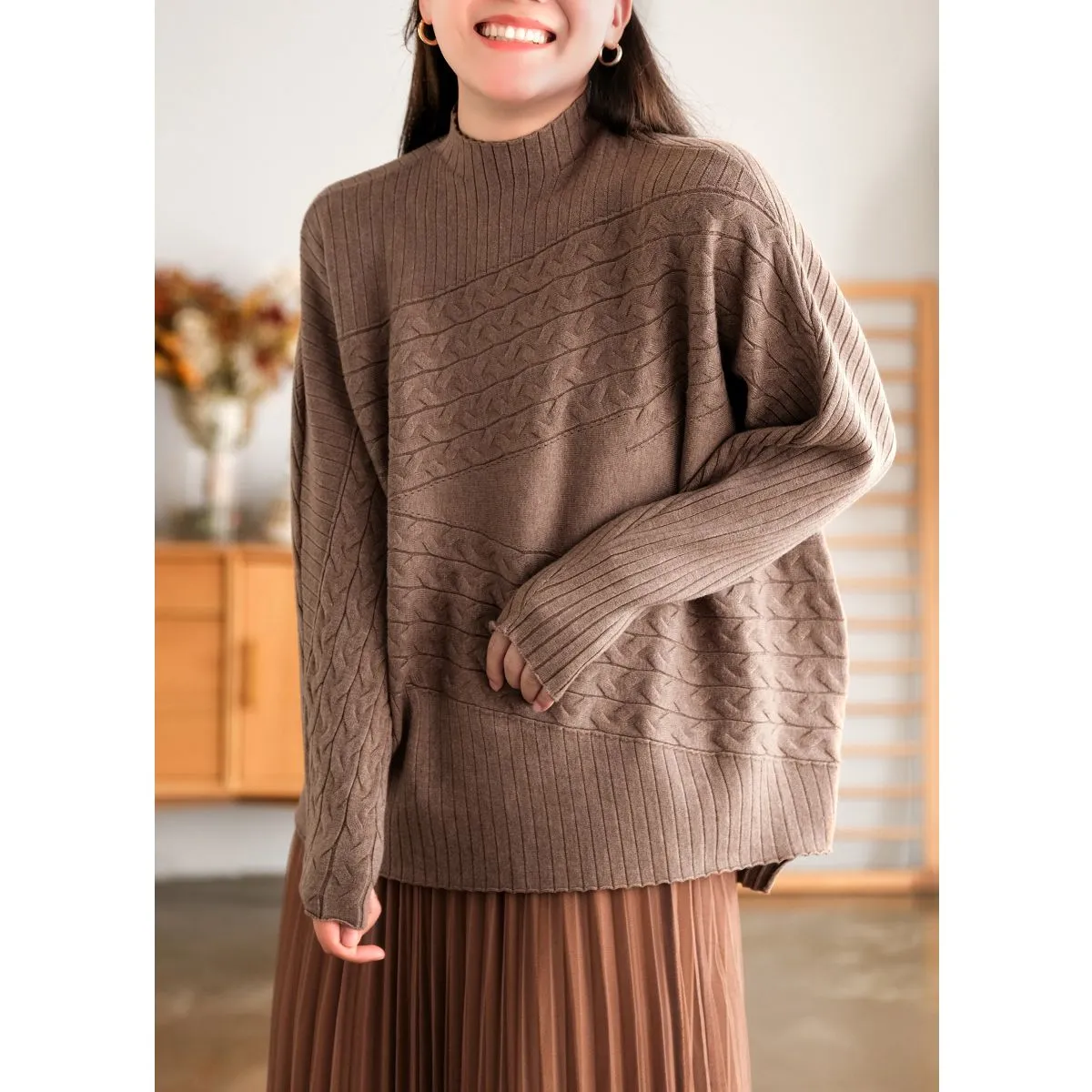 Cotton Pullover for Women, Crew Neck Sweater, Camel Cropped Sweater