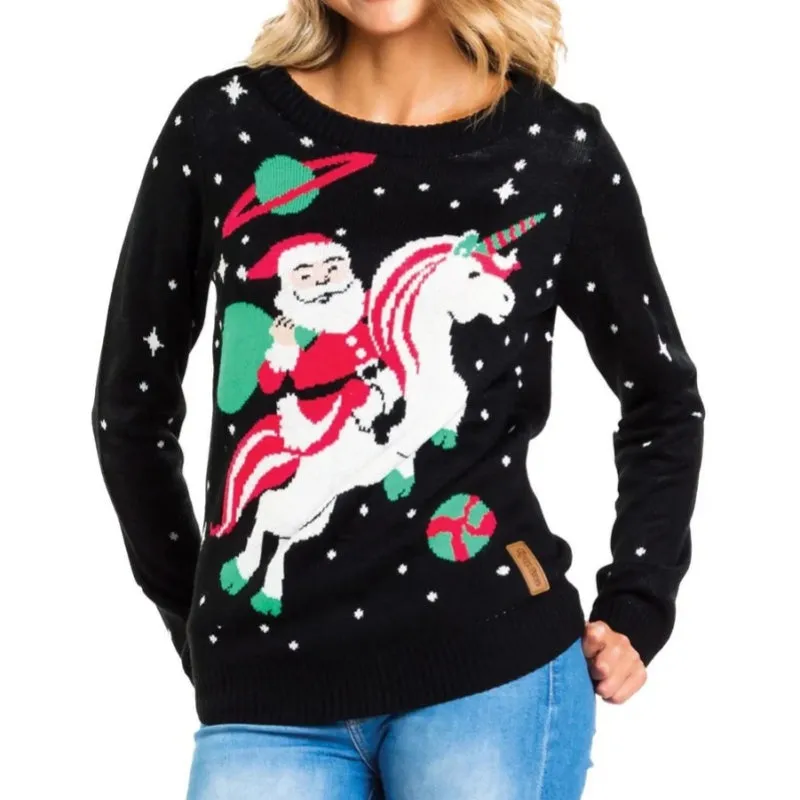 Custom Jacquard Christmas Knit Sweater - Santa Riding Unicorn in Space