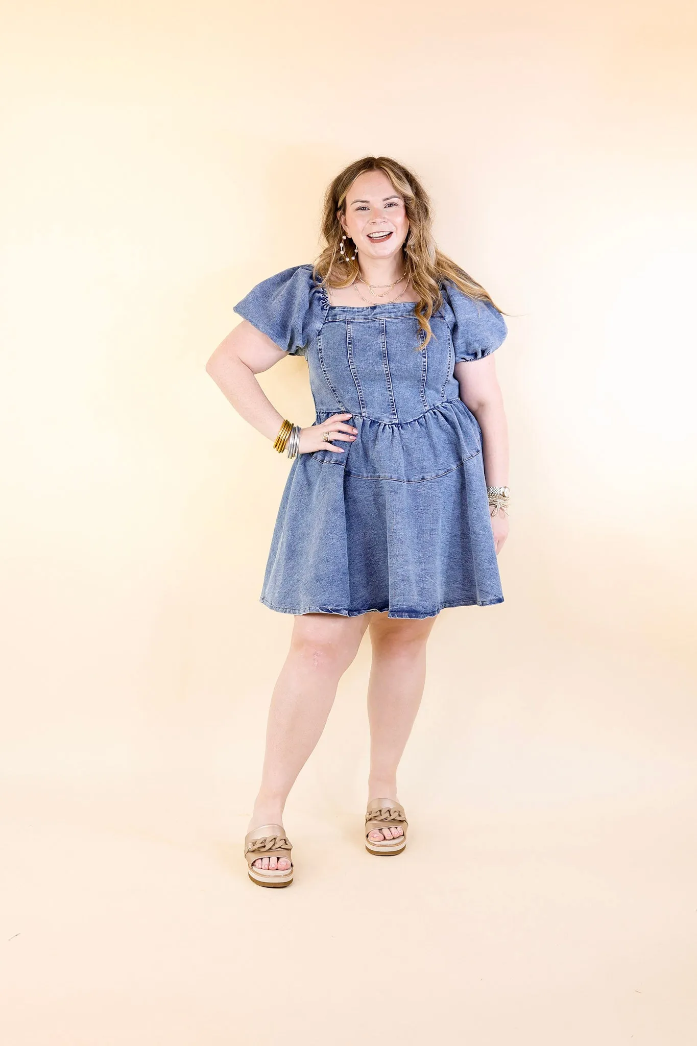 Denim Delight Babydoll Dress with Puff Sleeves in Medium Wash