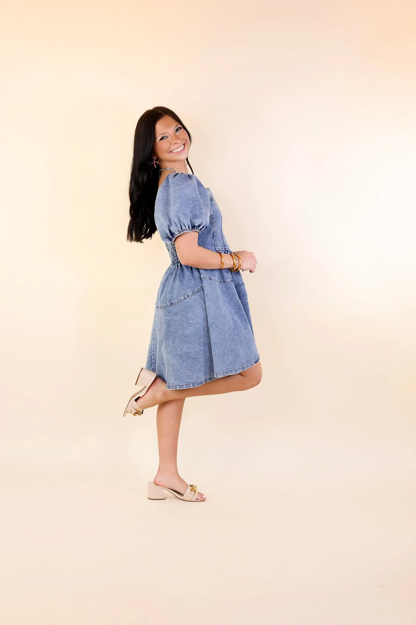 Denim Delight Babydoll Dress with Puff Sleeves in Medium Wash