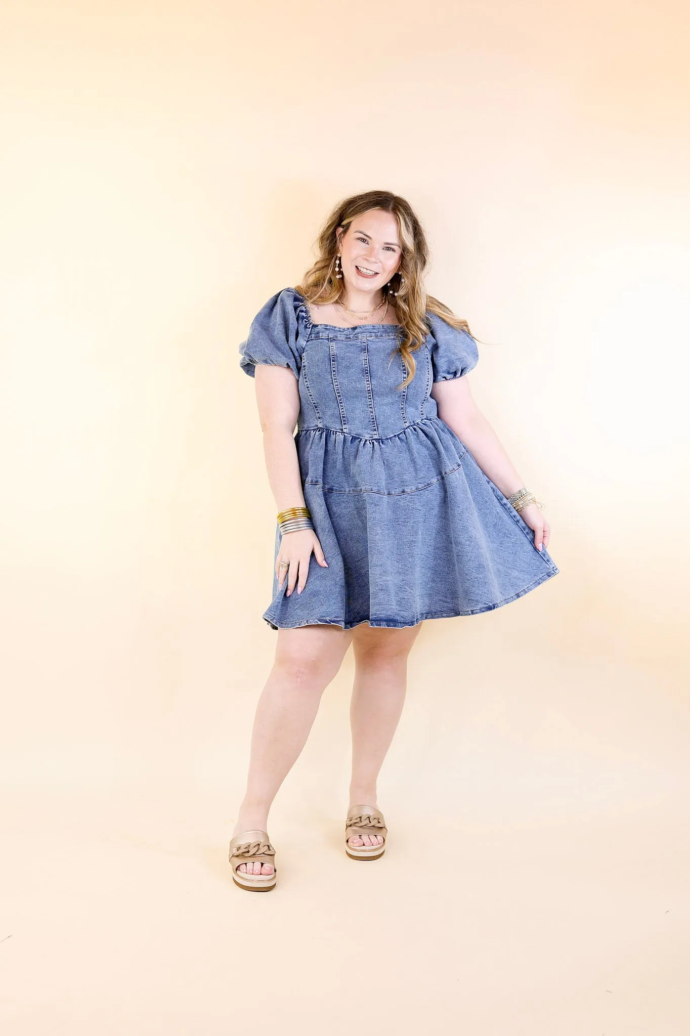 Denim Delight Babydoll Dress with Puff Sleeves in Medium Wash