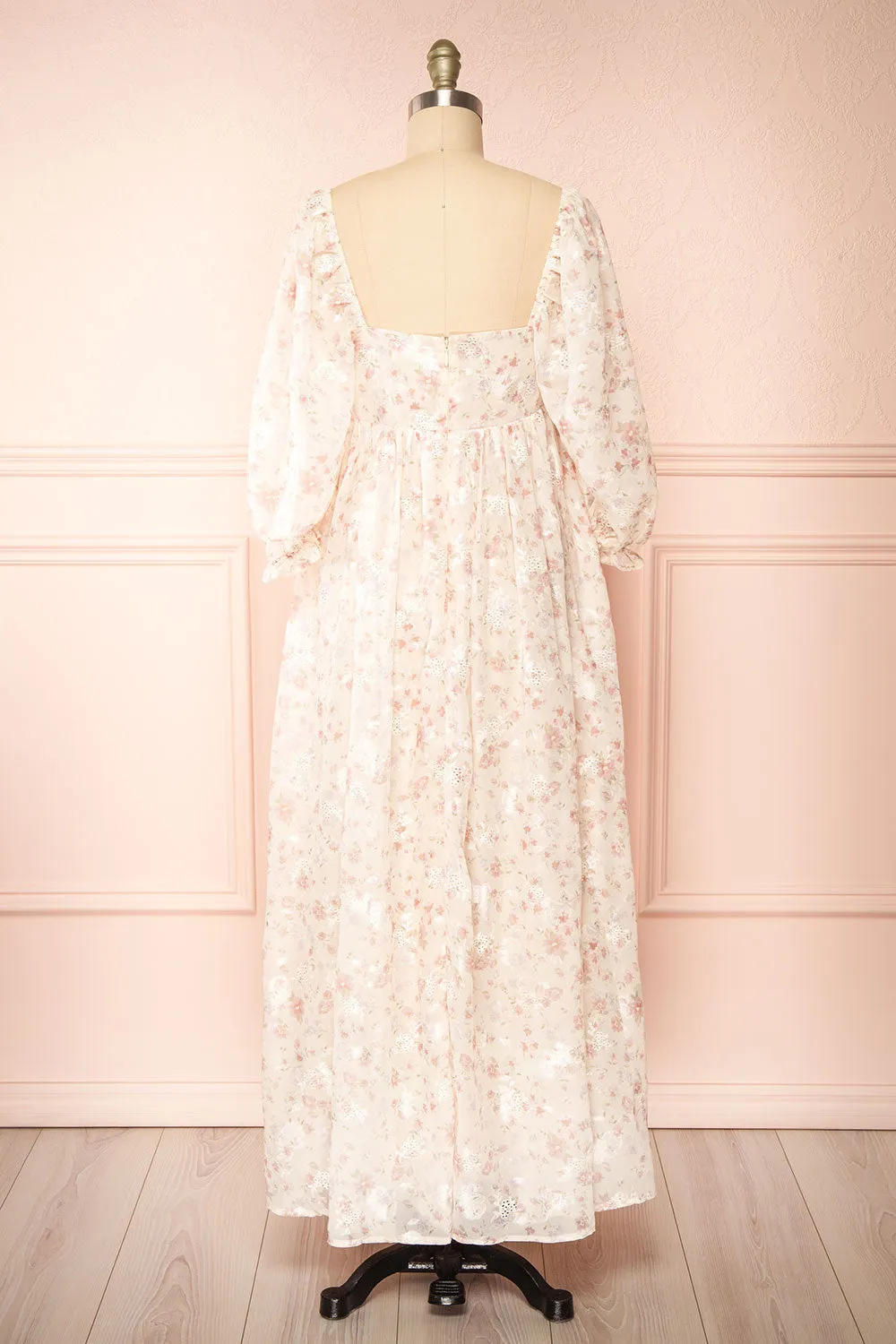 Eira | Beige Floral Maxi Babydoll Dress w/ Openwork