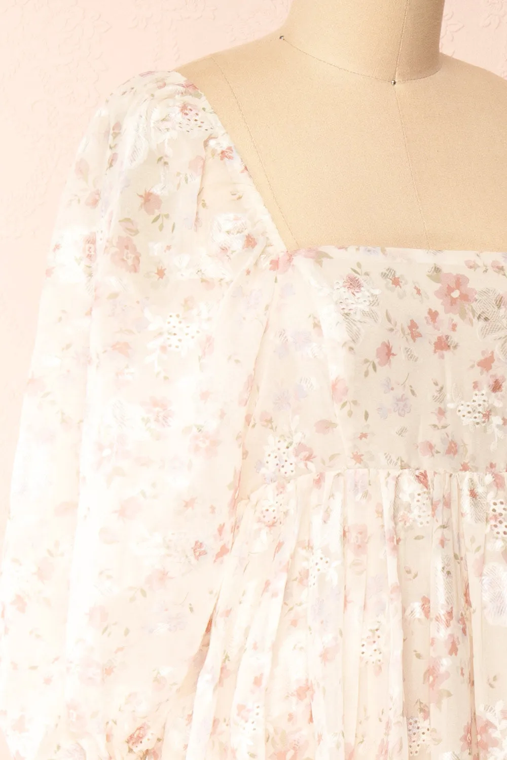 Eira | Beige Floral Maxi Babydoll Dress w/ Openwork