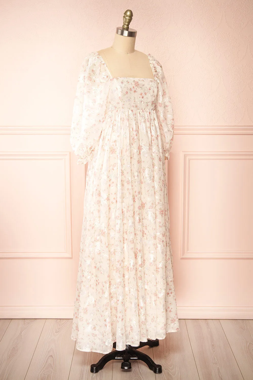 Eira | Beige Floral Maxi Babydoll Dress w/ Openwork