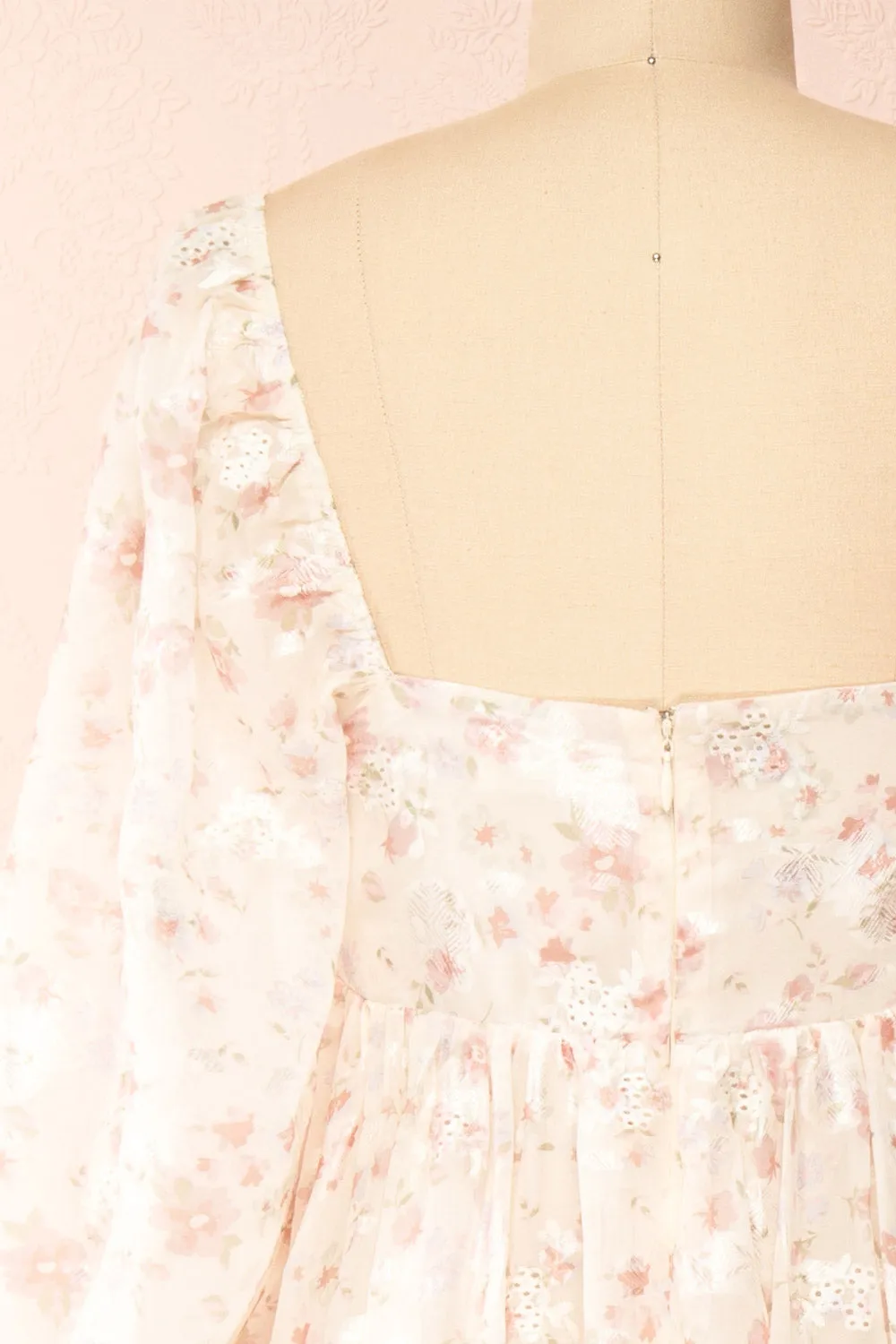 Eira | Beige Floral Maxi Babydoll Dress w/ Openwork