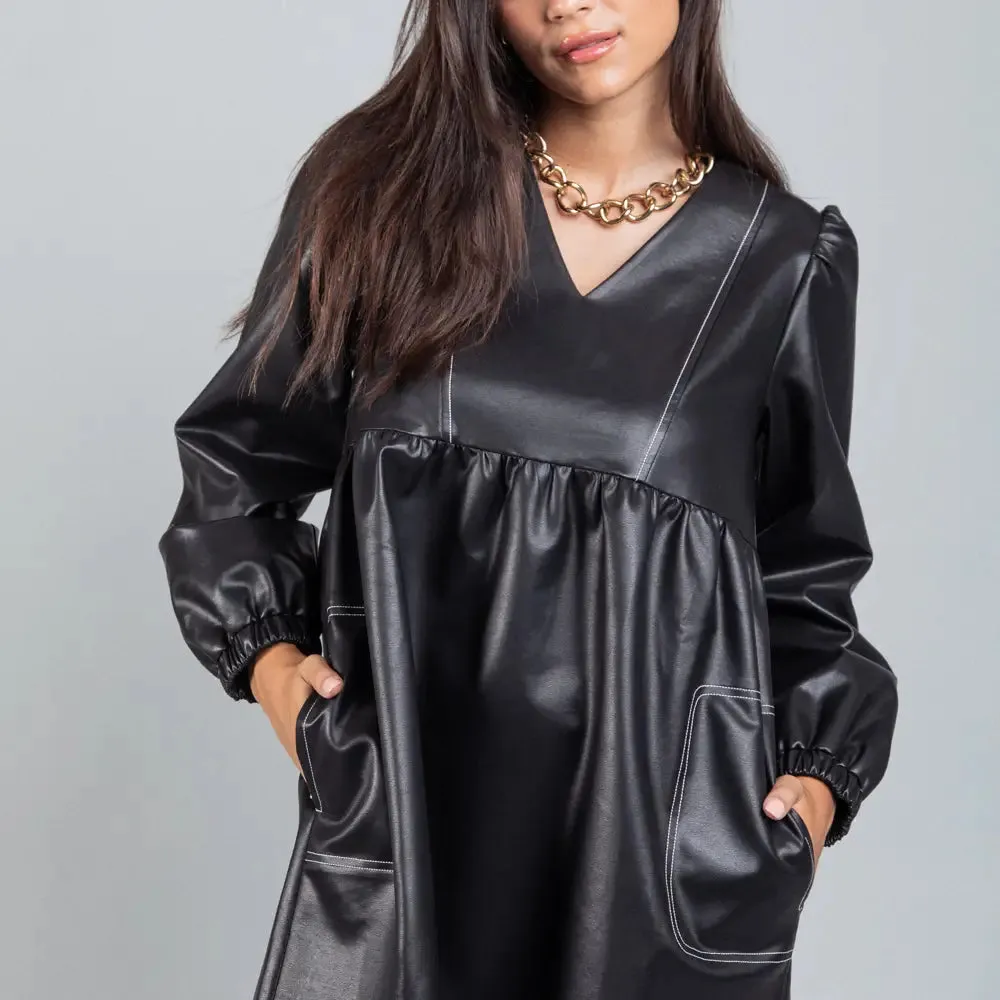 Faux Leather Babydoll Dress | Black