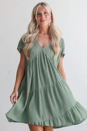 FINAL SALE - Pleasant Personality Olive Tiered Mini Dress