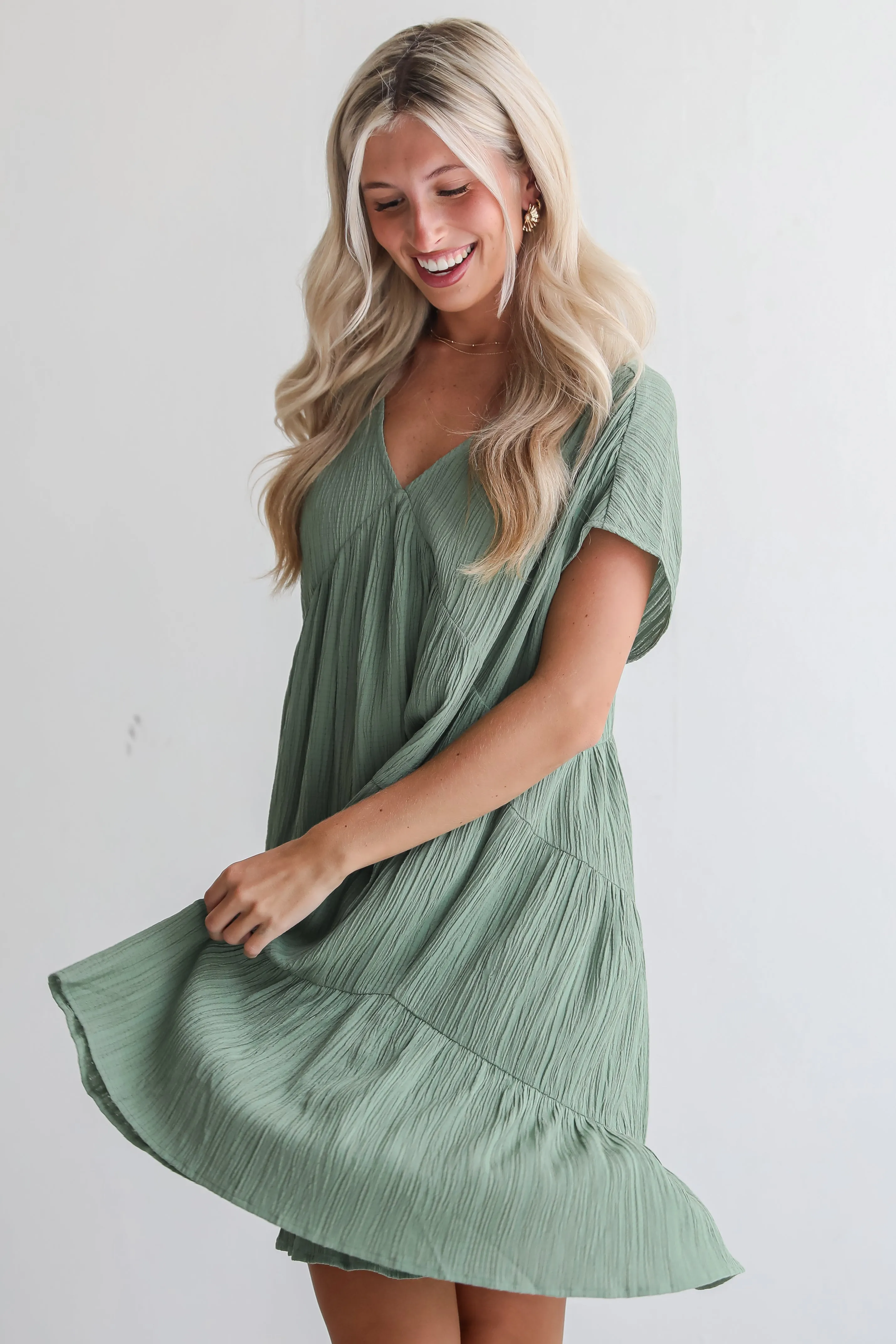 FINAL SALE - Pleasant Personality Olive Tiered Mini Dress