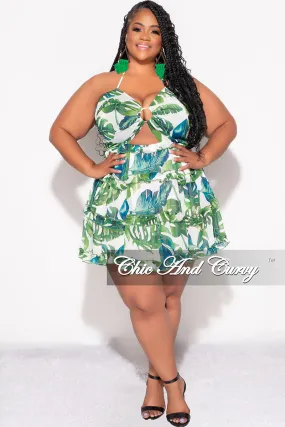 Final Sale Plus Size Halter Chiffon Baby Doll Dress with Front Cutout and Back Tie in Green and White Leaf Print