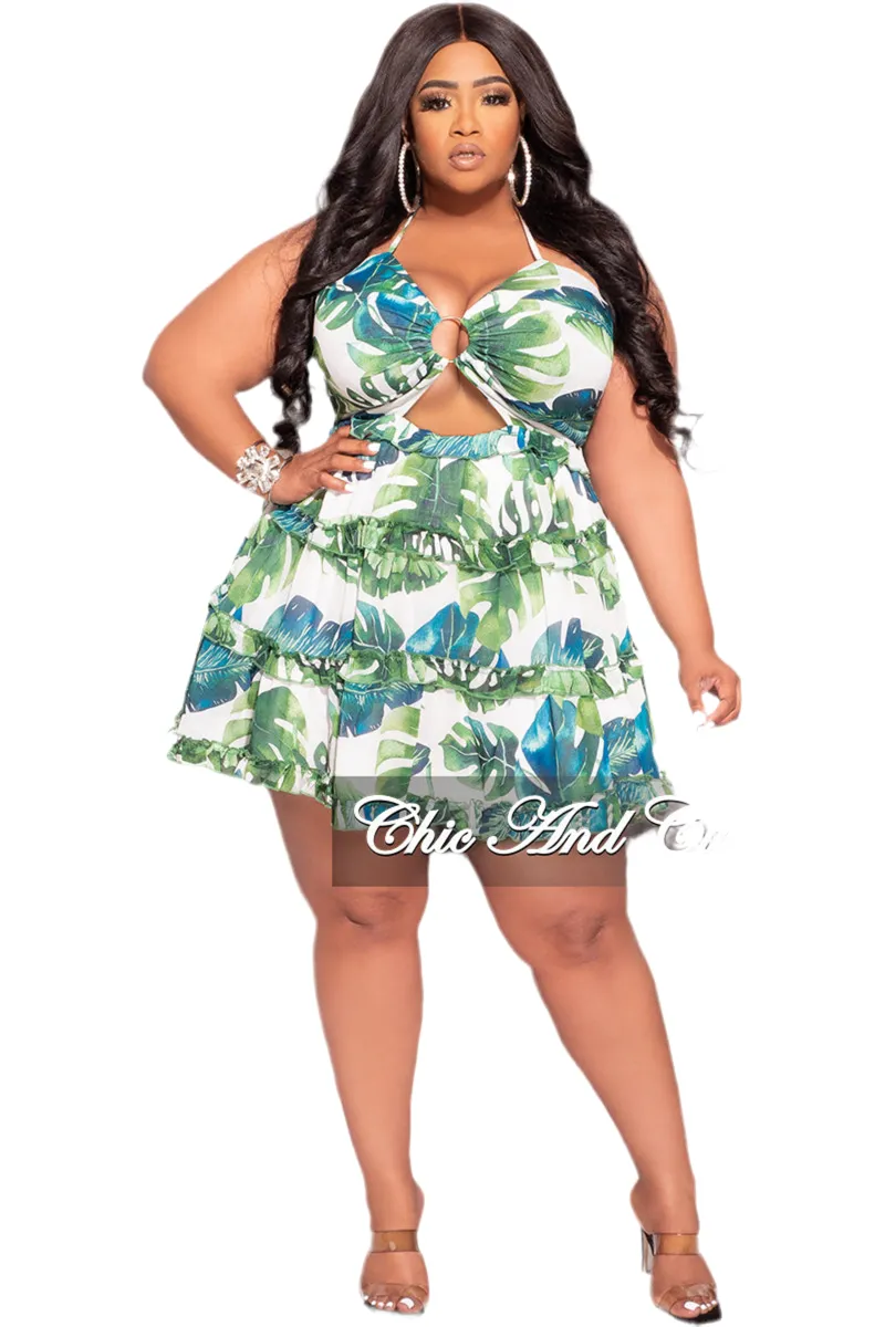 Final Sale Plus Size Halter Chiffon Baby Doll Dress with Front Cutout and Back Tie in Green and White Leaf Print