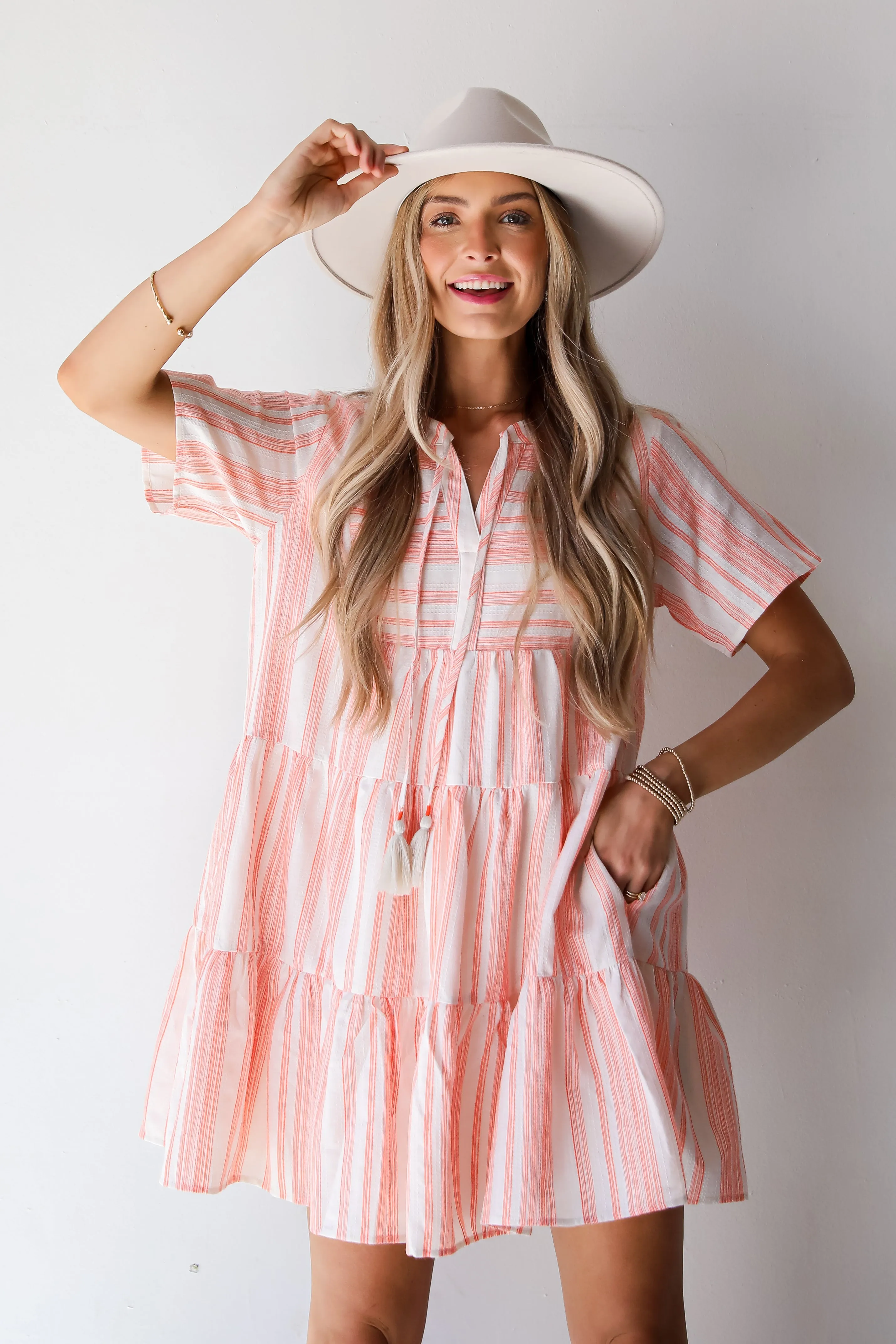 FINAL SALE - Sweet Tendencies Orange Striped Tiered Mini Dress