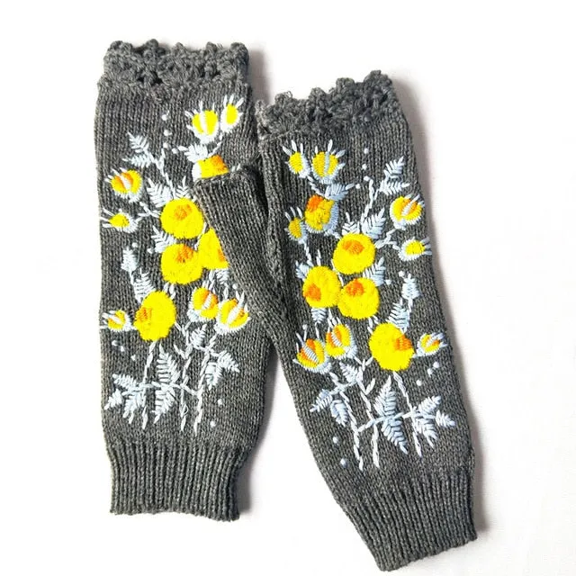 Fingerless Gloves With Embroidered Flowers Birds Or Hand Knitted Appliques 33 Different Colors! Three Different Styles Handmade Women's Warm Winter Embroidery Texting Gloves One Size