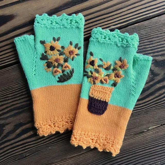 Fingerless Gloves With Embroidered Flowers Birds Or Hand Knitted Appliques 33 Different Colors! Three Different Styles Handmade Women's Warm Winter Embroidery Texting Gloves One Size