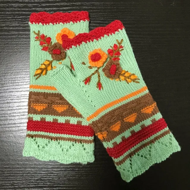 Fingerless Gloves With Embroidered Flowers Birds Or Hand Knitted Appliques 33 Different Colors! Three Different Styles Handmade Women's Warm Winter Embroidery Texting Gloves One Size