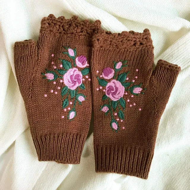 Fingerless Gloves With Embroidered Flowers Birds Or Hand Knitted Appliques 33 Different Colors! Three Different Styles Handmade Women's Warm Winter Embroidery Texting Gloves One Size