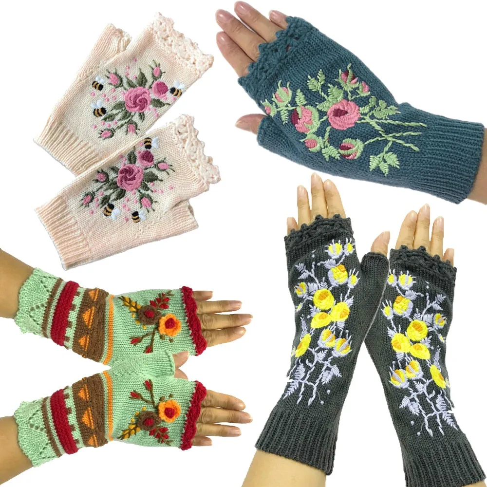 Fingerless Gloves With Embroidered Flowers Birds Or Hand Knitted Appliques 33 Different Colors! Three Different Styles Handmade Women's Warm Winter Embroidery Texting Gloves One Size