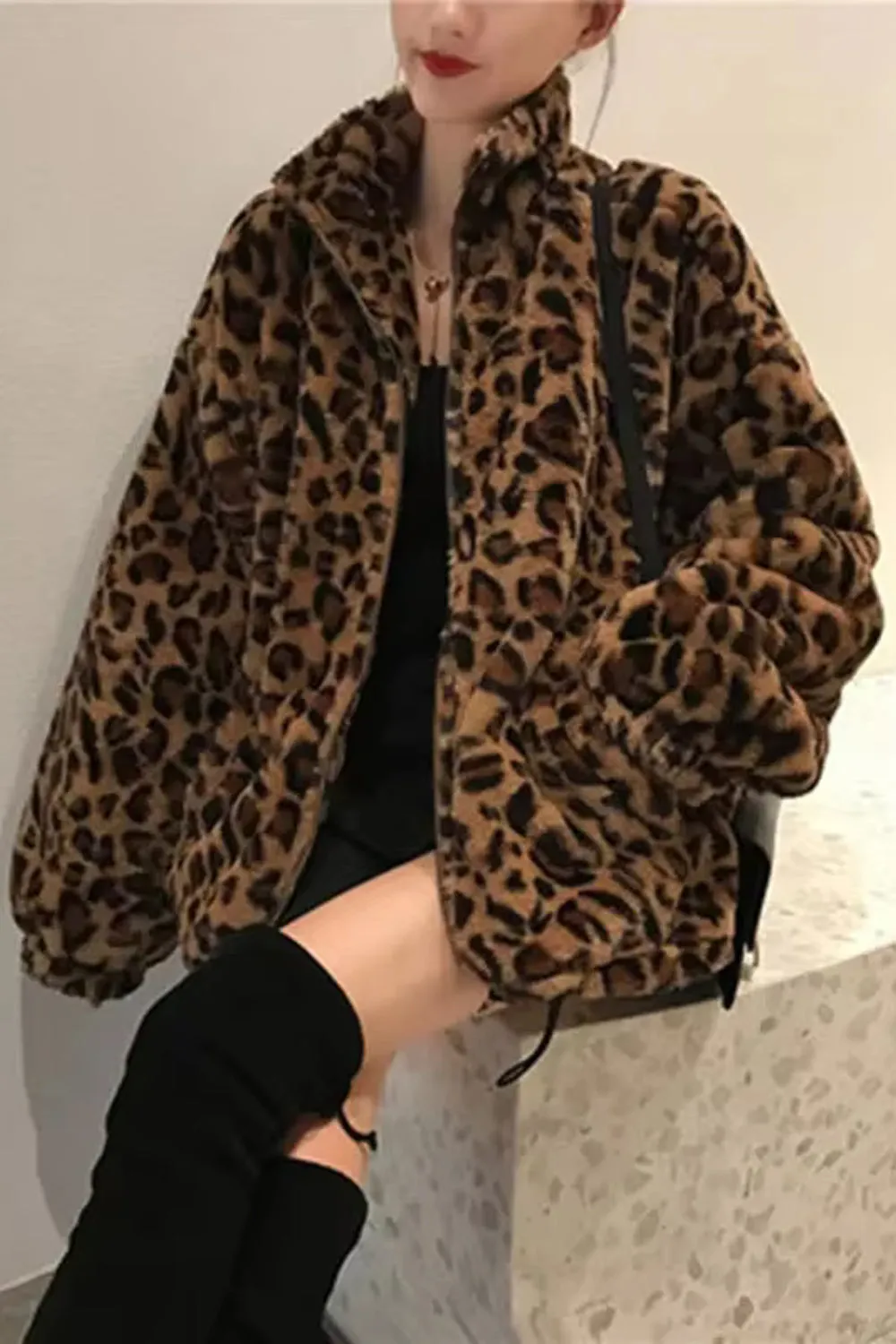 Flytonn-cute winter outfits casual winter outfits christmas outfit party look inspos Casual Leopard Pattern Zipper Jacket