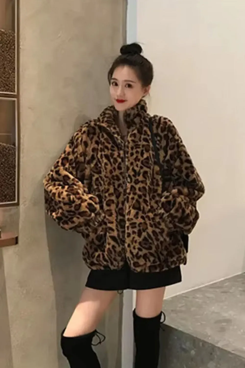 Flytonn-cute winter outfits casual winter outfits christmas outfit party look inspos Casual Leopard Pattern Zipper Jacket